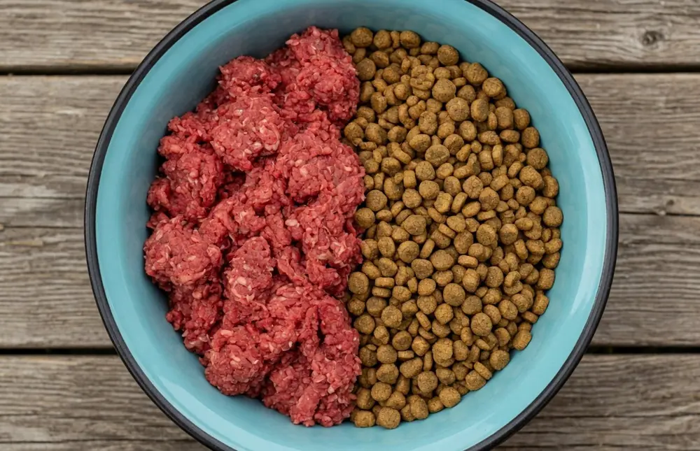 Bowl of raw dog food being mixed with previous food during the transition to raw feeding Bowl of raw dog food being mixed with previous food during the transition to raw feeding