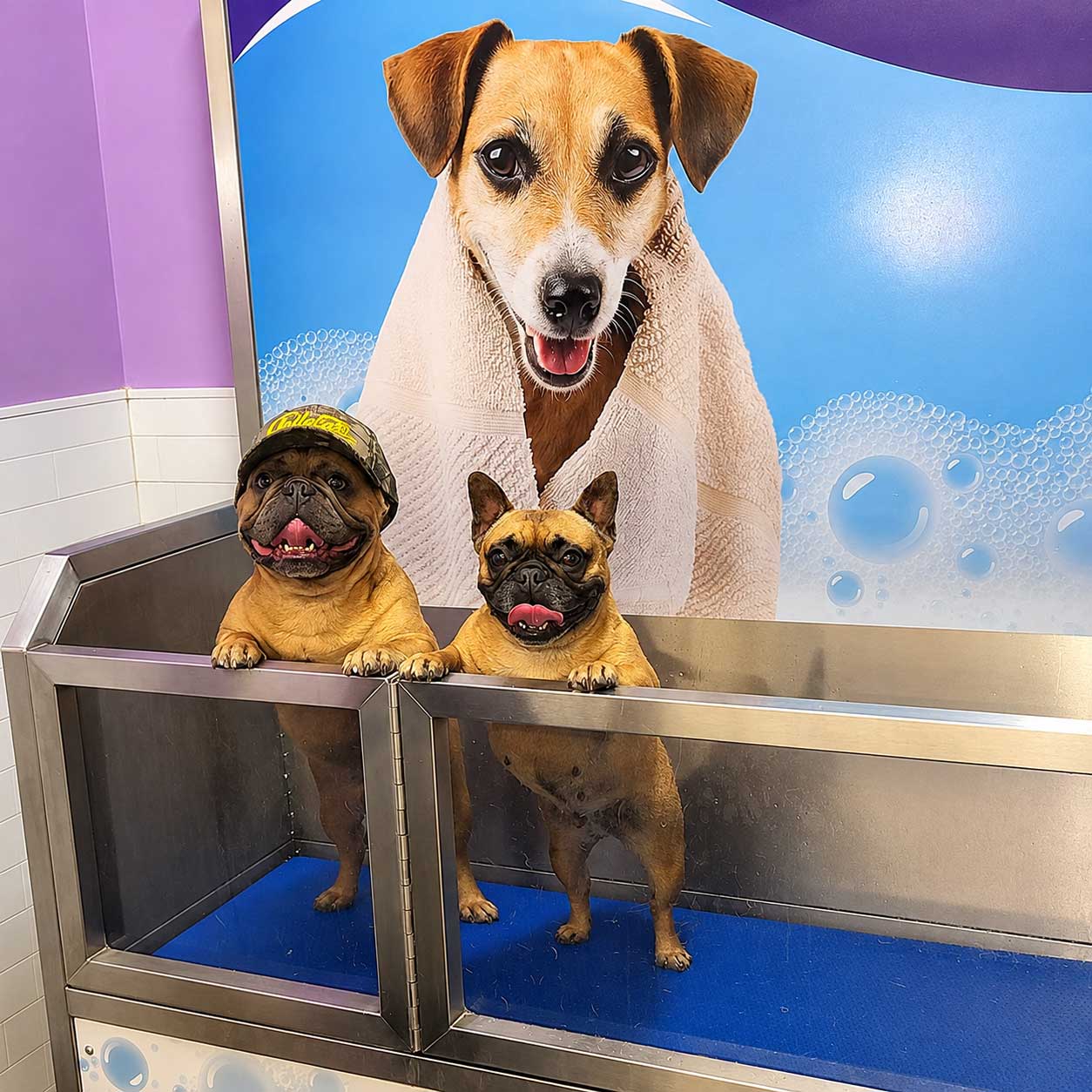 Two dogs drying after using a DOGPerfect self-serve wash station